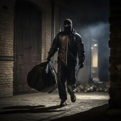 Fototapeta premium Masked thief .burglar or thief breaking into a home at night.Thief