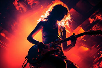 Obraz premium Silhouette of a 18 year old girl, Female rock singer, play a Electric Guitar and sing, front, vintage fashion, modern posters. AI generative