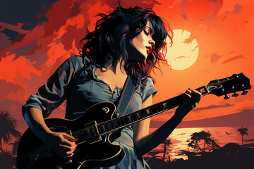 Silhouette of a 18 year old girl, Female rock singer, play a Electric Guitar and sing, front, vintage fashion, modern posters. AI generative