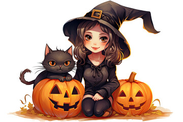 Fototapeta premium Young witch with pumpkin and cat V2