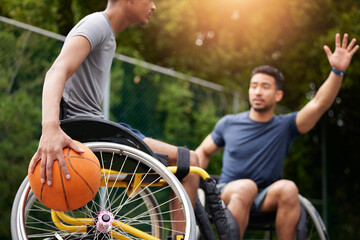 Sports game, wheelchair basketball player and people playing match competition, challenge or...