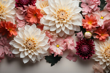 Dahlia and Garden Flowers on isolated white wooden background. AI generative