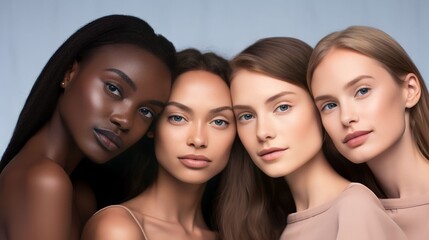 group of Beautiful female models with beautiful skincare from a diverse ethnicity