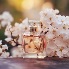 Bottle of women's perfume on flowers background. Perfume on a natural background generative AI technology