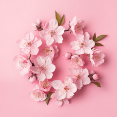 Naklejka na ściany i meble Spring banner, branches of blossoming cherry against background.Pink sakura flowers, dreamy romantic image spring