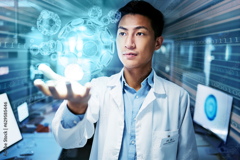 Poster scientist, future technology and medical research overlay with hologram, virus information and innov