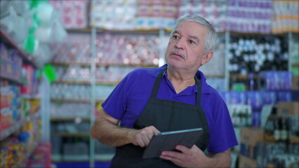 Fototapeta premium Senior manager of grocery store checking inventory of products on shelf with table device, male caucasian employee inspecting items at supermarket aisle