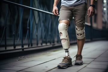 man walking with Futuristic Cybernetic Prosthetic Leg Revolutionizes Rehabilitation - obrazy, fototapety, plakaty