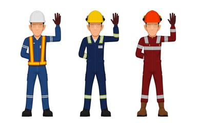 Threes industrial worker are raising hand sign ,stop
