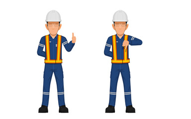 Threes industrial worker are raising hand sign thumbs up and thumbs down