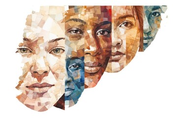 Human face collage pieces of different portrait of men and women of diverse multiracial age and race - obrazy, fototapety, plakaty