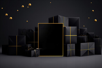 Ready, Set, Shop: Black Gift Boxes with Ribbons on a Black Background. Online Shopping Delight.
