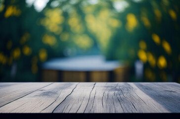 Empty wooden table and bokeh lights blurred outdoor cafe  background blurred background, copy space for display of product or object presentation, vintage color tone. Generative AI.