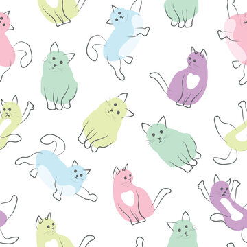 Seamless pattern with stylized cats on a white background. Cute color. Vector