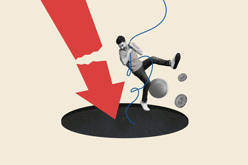 Creative composite illustration photo collage of scared frightened man hold rope look down in chasm...