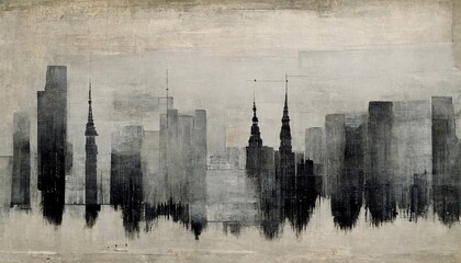 Generative AI, Black watercolor abstract cityscape painted background. Ink black street graffiti art on a textured paper vintage background, washes and brush strokes.	
