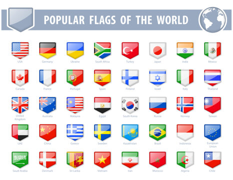 Popular flags of the world. Pentagon Glossy Icons. Vector illustration.