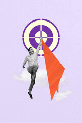 Vertical collage image excited funny jumping businessman middle age cursor strategy investment plan...