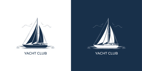 Vector sailing boat yacht logo vector illustration isolated on white. Yacht club logotype - obrazy, fototapety, plakaty