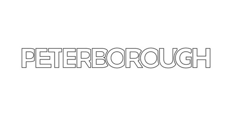 Peterborough city in the United Kingdom design features a geometric style illustration with bold typography in a modern font on white background.