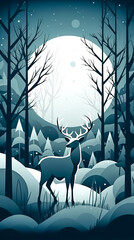 Winter landscape with deer in the forest at night background, generative AI.