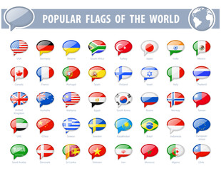 Popular flags of the world. Speech Bubble Glossy Icons. Vector illustration.