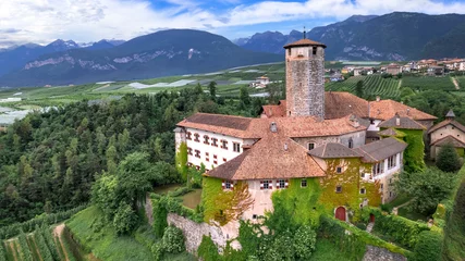 Foto op Plexiglas Medieval beautiful castles of northern Italy  - scenic Valer castel amongst the apple trees of Val di Non. Trentino region, Trento province.  Aerial drone panoramic view © Freesurf