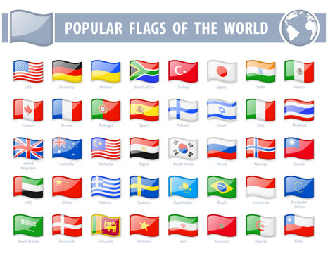 Popular flags of the world. Wavy Glossy Icons. Vector illustration.