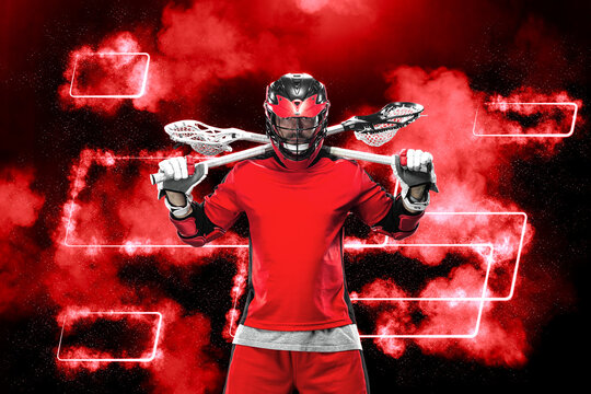 Lacrosse player, athlete in the red neon lights. Download photo for sports betting advertisement. Website header. Sports design in neon glow. Sport and motivation wallpaper.
