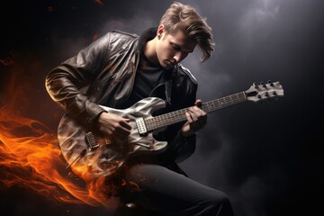 Obraz premium Portrait of rock singer man keeping electric guitar and static acoustic mic, sings a song loudly. Concept of rock music and rave.