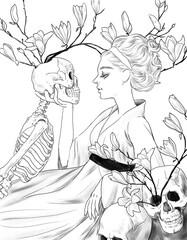 Coloring book horror fantasy anime girl 