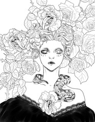 Coloring book horror fantasy anime girl 