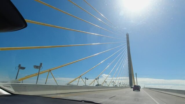 POV driving across the Sunshine skyway bridge Tampa Florida