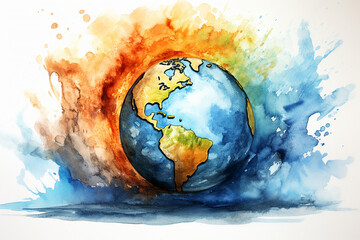 Global warming concept watercolor painting, earth with splash of ink, Generative AI - obrazy, fototapety, plakaty