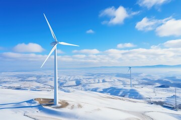 Fototapeta na wymiar Aerial view of a wind turbine surrounded with snow under the blue sky