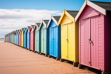 Obraz na płótnie Canvas Vibrant beach huts form a picturesque row, their backdrop adorned by a clear blue sky.