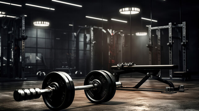 A dark gym interior adorned with black dumbbells.