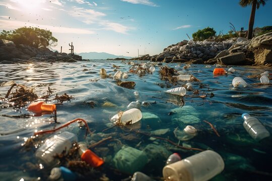 river mouth polluted with plastic waste. Ecology concept