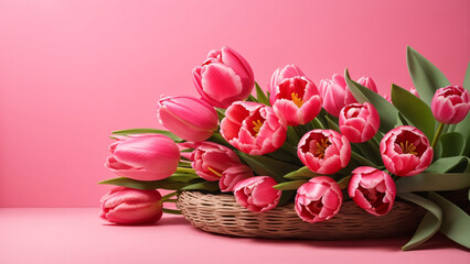 pink tulip flower basket pink background
