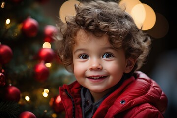 Curly-haired happy little boy in a jacket near the Christmas tree. Close-up. Generative AI