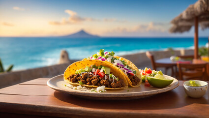 Fototapeta na wymiar A visually stunning photograph of a Taco placed on a table with view of a town, serene ocean, and majestic mountains in Cancun.