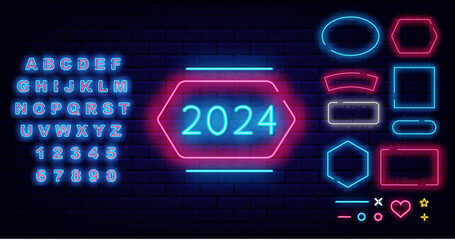 2024 neon label signboard. Happy New Year. Frame with circles. Simple shape. Shiny blue alphabet. Vector illustration
