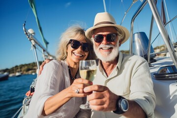 Senior couple holding champagne on a sailboat vacation
