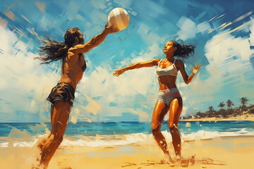 Digital painting of women playing beach volleyball, fun in summer at island, Generative AI