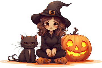 Young witch with pumpkin and cat V6