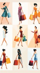 Naklejka premium Collage Set of Women in Colorful Outfits, Shopping Bags, Sale, Discount, and Black Friday