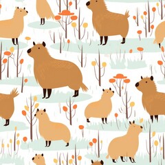 seamless flat pattern of capybaras and trees. Generative AI