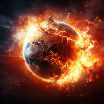 Fire planet burning in space. Global catastrophe concept illustration. Generative AI