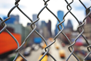 A city view seen through a chain-link fence.