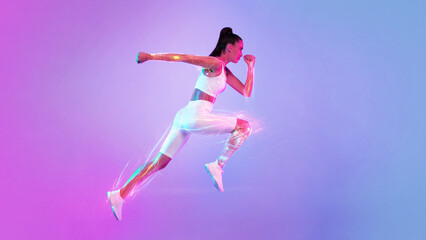 Fototapeta na wymiar Sporty Lady Running In Mid Air Over Pink Neon Background